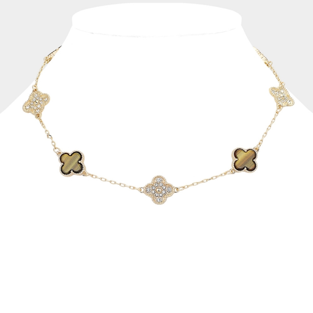 Brown & Gold Crystal Quatrefoil Clover Chain Necklace Station Pendant Everyday